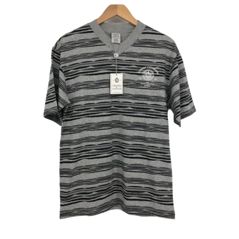 NWT Crooks and Castles Grey and Black Striped V Neck  Shirt Men's Medium
